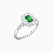 Art Deco Style Emerald Shape Halo Engagement Ring with Gemstone - Shahin Jewelry